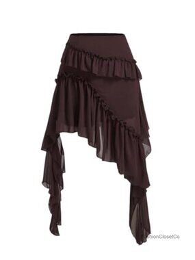 Plus Size Tiered Ruffle Midi Skirt Asymmetrical Hem Flowy High Rise
